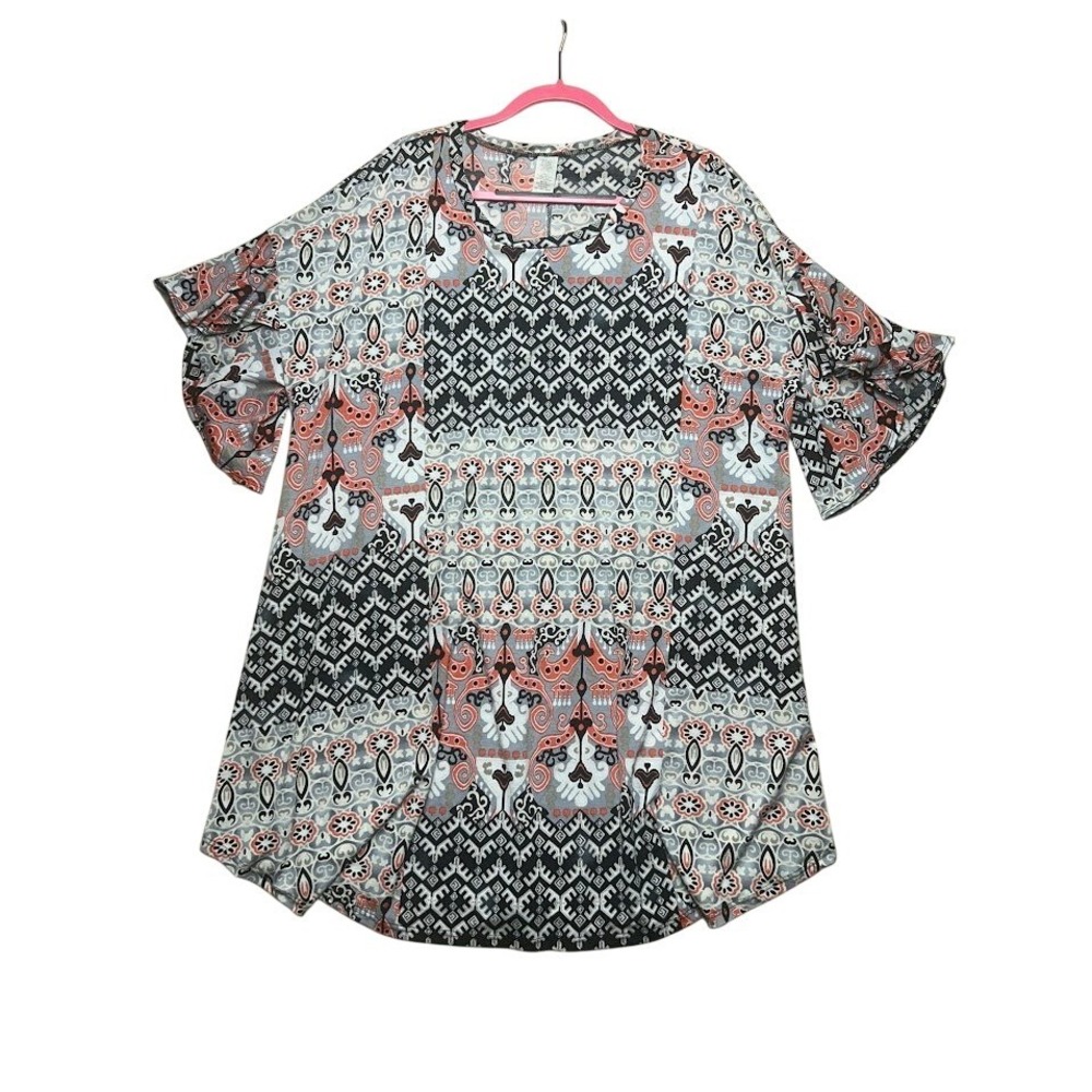 Womens Geometric Tribal Ruffle Bell Sleeve Tunic Top Orange Black 3XL